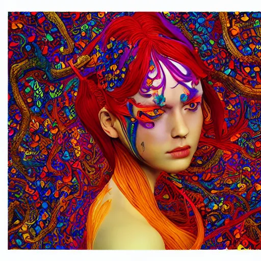 Image similar to the portrait of a beautiful young woman partially made up of peppers of all colors, an ultrafine detailed illustration by james jean, intricate linework, bright colors, final fantasy, behance contest winner, vanitas, angular, altermodern, unreal engine 5 highly rendered, global illumination, radiant light, detailed and intricate environment