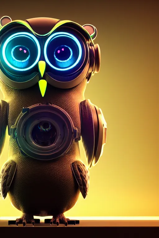 Image similar to high quality 3 d render very cute cyborg owl! with boombox!, cyberpunk highly detailed, unreal engine cinematic smooth, in the style of blade runner & detective pikachu, hannah yata charlie immer, moody light, low angle, uhd 8 k, sharp focus