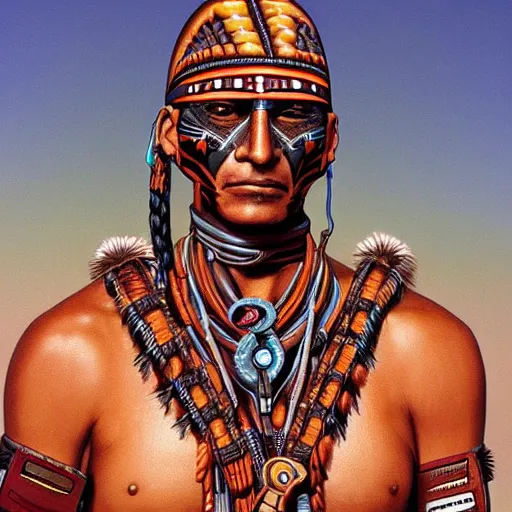 Image similar to a native american/aztec cybernetic mercenary in the style of Jean Giraud detailed realistic HD 8k High Resolution