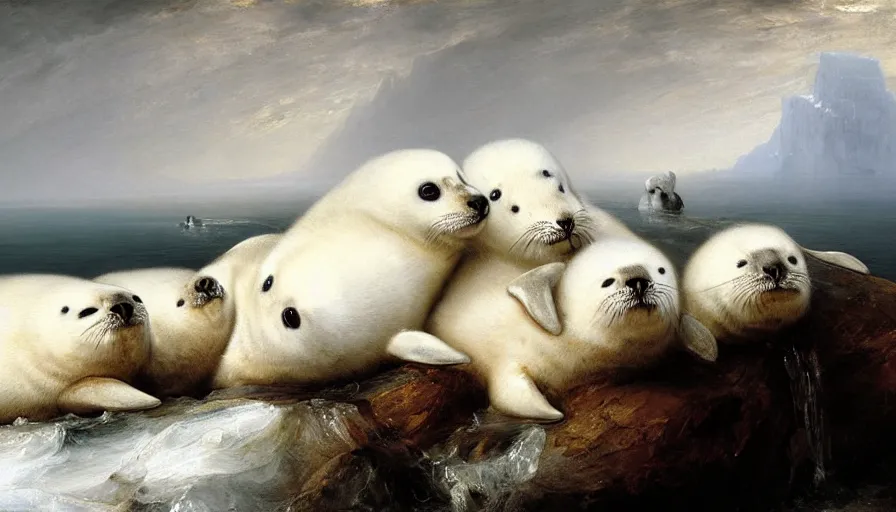 Prompt: highly detailed painting of cute furry white baby seals cuddling into each other on an iceberg by william turner, by greg rutkowski, by william constable, thick brush strokes and visible paint layers, 4 k resolution