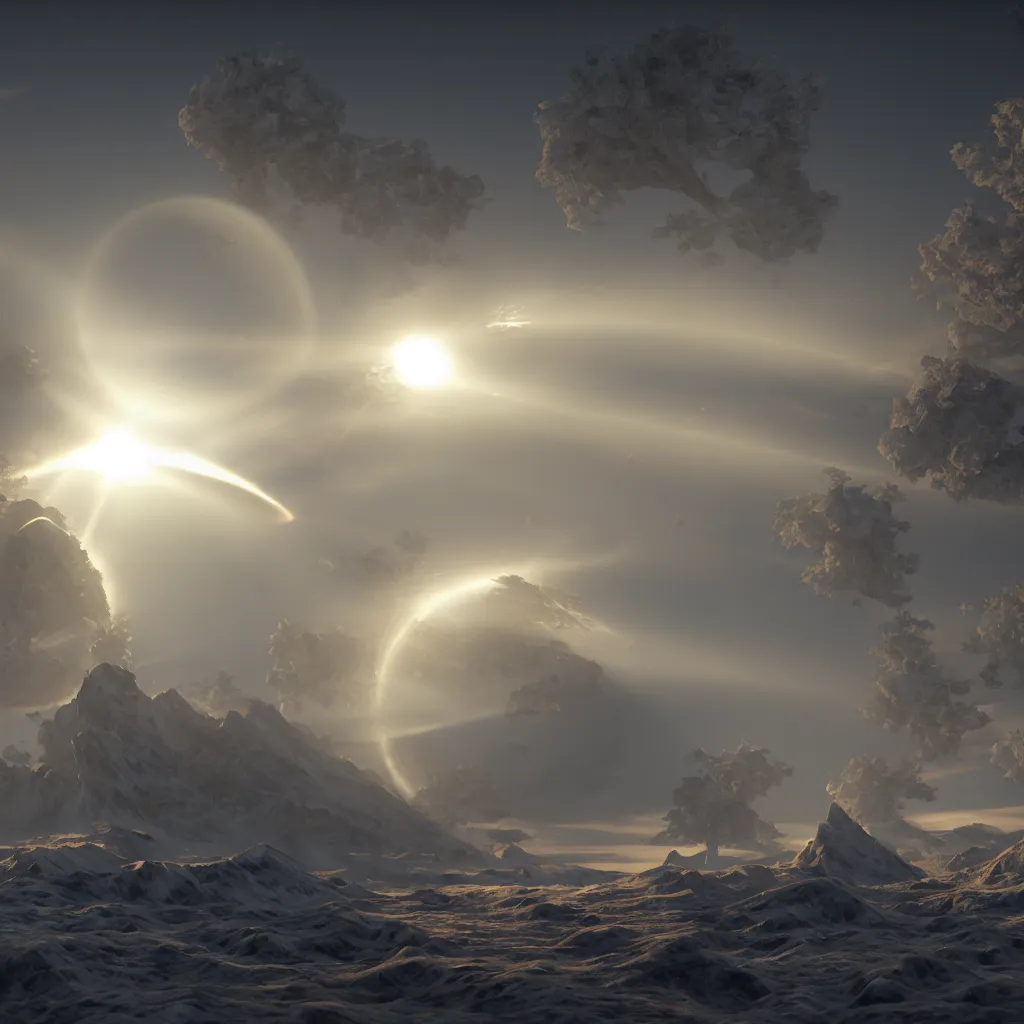 Prompt: sundogs and other parhelion creatures, volumetric lighting, octane render, photographic, concept art, artist leonardo davinci, unreal engine 8 k