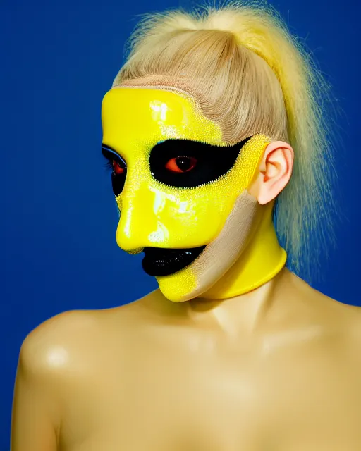 Image similar to symmetrical close - up portrait of a woman wearing a translucent silicone beauty mask and yellow hair buns, wearing a black bodysuit by alexander mcqueen, blue background, soft diffused light, biotechnology, humanoide robot, bjork aesthetic, translucent, by rineke dijkstra, intricate details, highly detailed, masterpiece,