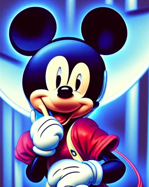 Image similar to portrait Anime Mickey Mouse smoking Sharp fine face, pretty face, realistic shaded Perfect face, fine details. Anime. cyberpunk realistic shaded lighting by katsuhiro otomo ghost-in-the-shell, magali villeneuve, artgerm, rutkowski Jeremy Lipkin and Giuseppe Dangelico Pino and Michael Garmash and Rob Rey