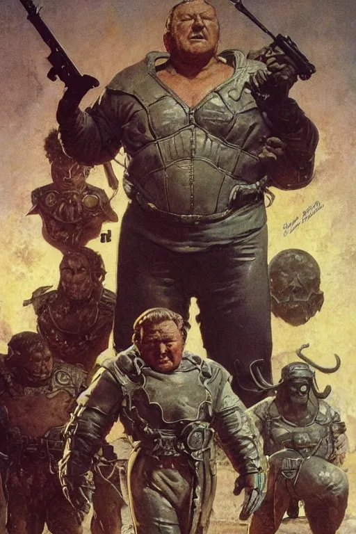 Image similar to focus on ray winstone as a fat scifi warrior exploring an alien temple, by norman rockwell and boris vallejo