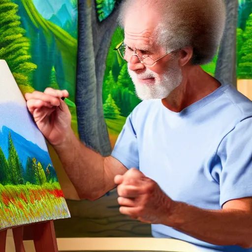 Image similar to a closeup photorealistic photograph of bob ross working on a canvas painting of mickey mouse. film still. brightly lit scene. mountains and trees. this 4 k hd image is trending on artstation, featured on behance, well - rendered, extra crisp, features intricate detail, epic composition and the style of unreal engine.