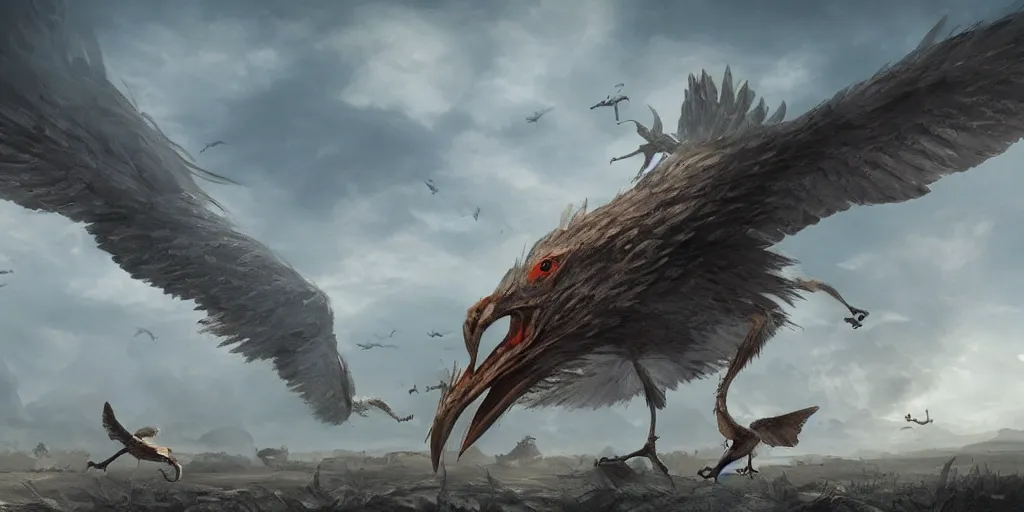 Prompt: giant bird creatures coming from the sky, eating humans, digital art, concept art, trending on artstation, 4 k, hd, cinematic, detailed