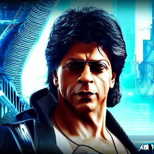 Image similar to Shah Rukh Khan, as a character from Cyberpunk 2077, looking at camera, intricate, sci-fi, extremely detailed, surreal, hyper realistic, in the background cyperpunk-2077-city, trending on artstation, 8K, HD