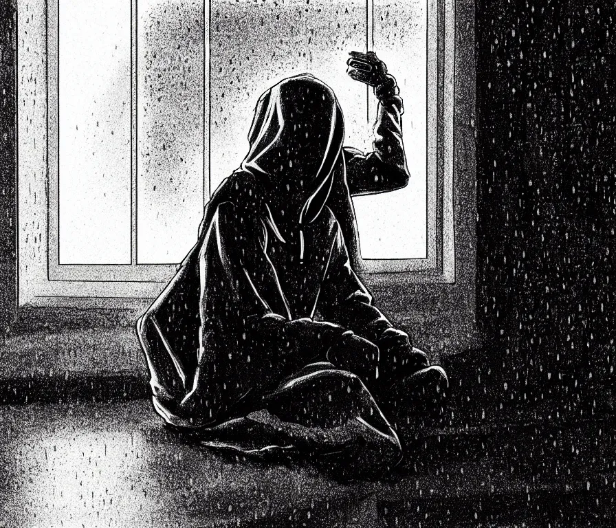 Prompt: sadie sink in hoodie, knees tucked in, sits on windowsill, | rain falls at night : b & w storyboard drawing, scifi cyberpunk. by gabriel hardman, joe alves, chris bonura. cinematic atmosphere, detailed and intricate, perfect anatomy