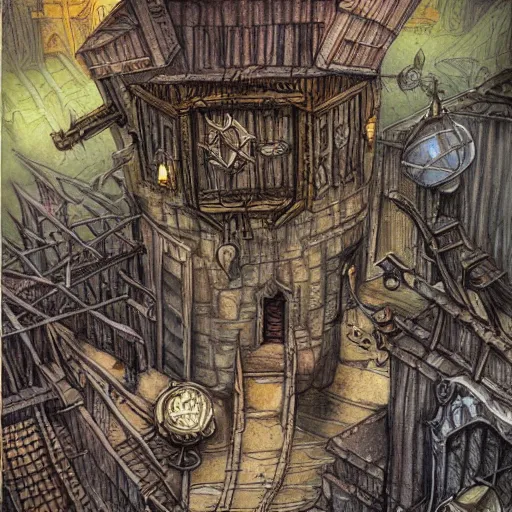 Prompt: the streets of sigil, planescape, tsr, by tony diterlizzi
