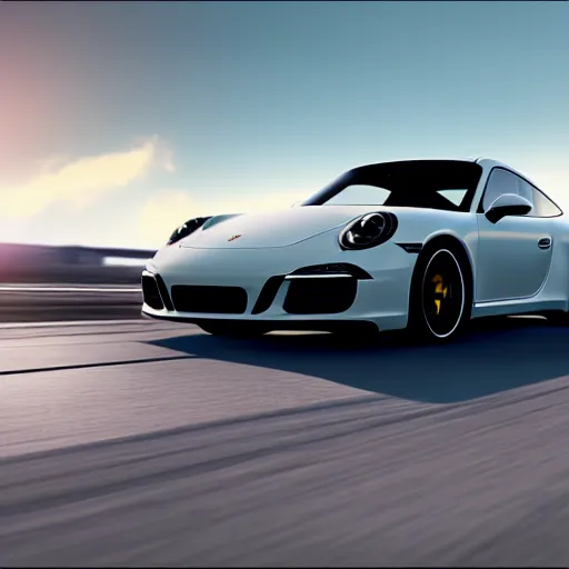 Image similar to porsche 9 1 1 driving sunset hq 4 k, realistic, octane render