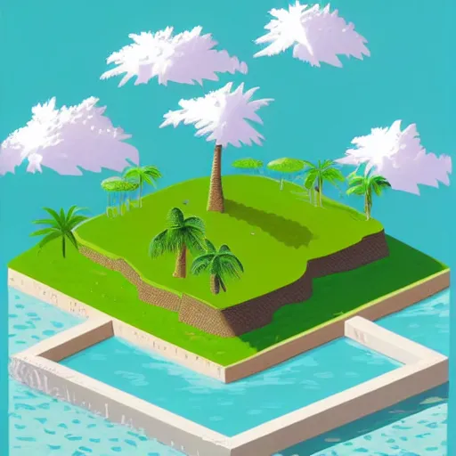 Prompt: isometric view of a small island with a single palm tree by Chiho Aoshima