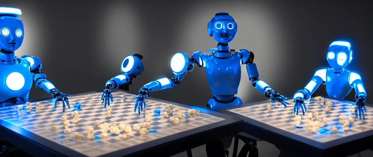 Image similar to a highly detailed photo of two futuristic matte blue full humanoid robots with glowing led eyes and chrome accents, sitting on large midcentury recliners facing off in an intense game of checkers. cinematic movie photograph, cinematic lighting, arri alexa, extremely detailed, smooth, very very clean, 8 k, octane render, maya render, unreal engine, trending on artstation, dslr