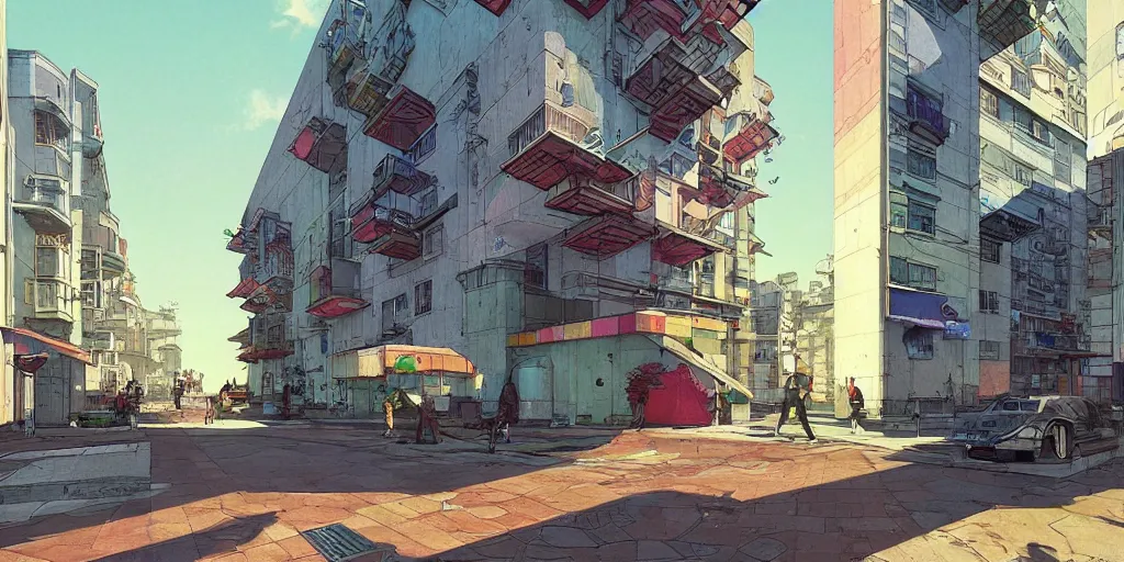 Image similar to neo brutralism, concrete housing, concept art, colorful, vivid colors, light, shadows, reflections, 3D, in the style of Akihiko Yoshida and Edward Hopper