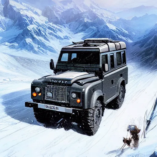 Image similar to a landrover crossing the alps while its snowing, digital art, artstation, photgraphy, highly detailed, digital painting, artstation, concept art, sharp focus, illustration, art by greg rutkowski and artgerm