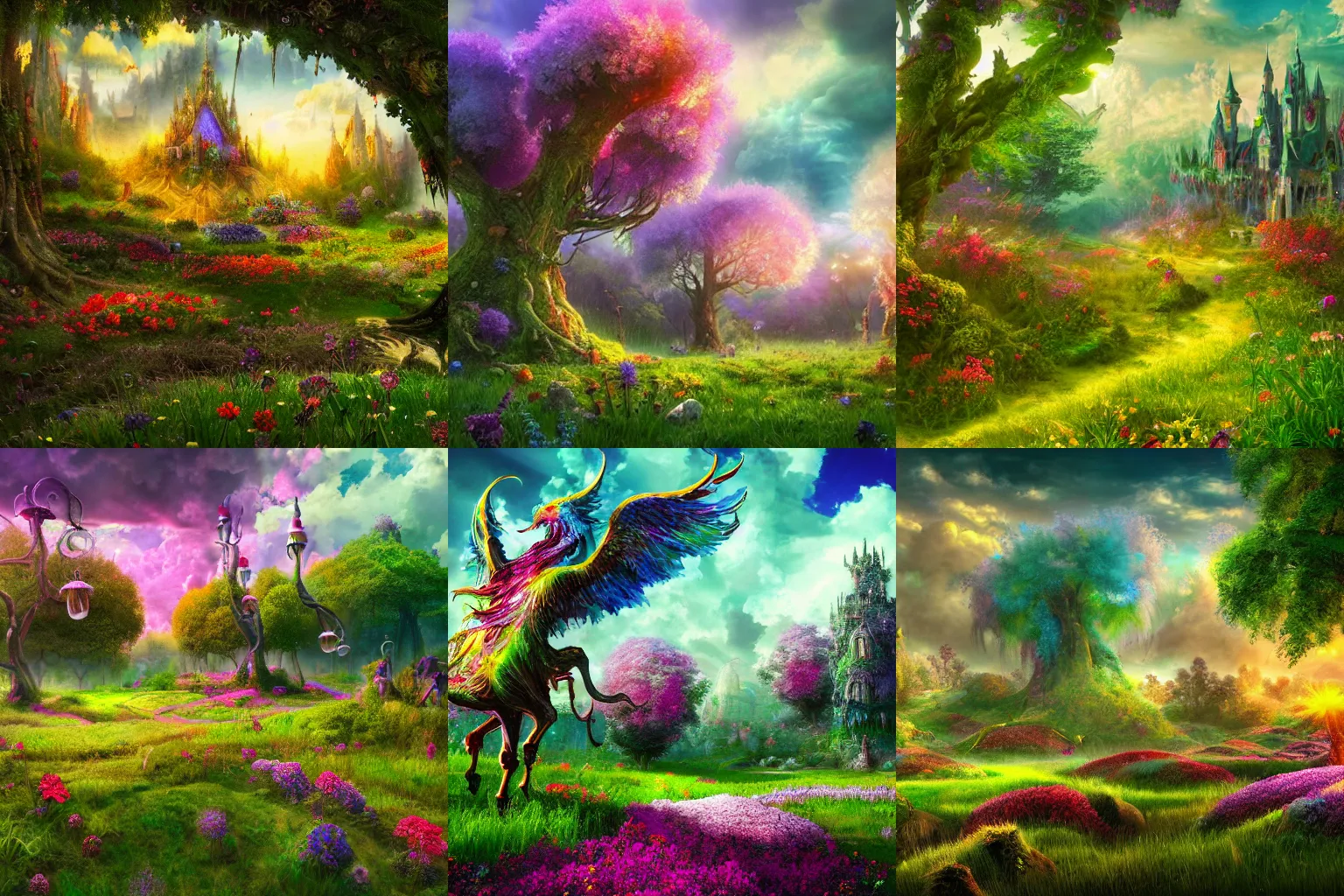 Prompt: beautiful fantasy meadow, with vibrant magical flower beds, fascinating old structures, colorful clouds, mythical creatures roaming around, and wonderous trees, epic composition, intricate details, hyper detailed, 8 k, volumetric light, magical atmosphere