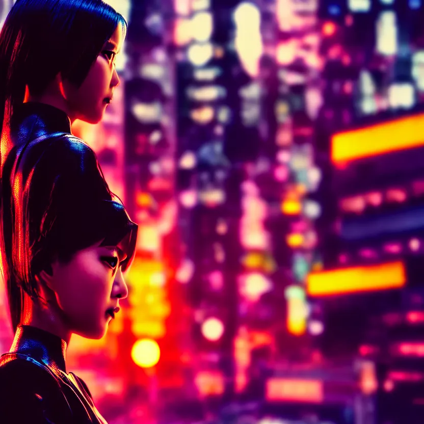 Image similar to a photo close up cyberpunk mysterious woman stands in a cyberpunk hiroshima, prefecture streets, sunset, photorealistic, cinematic lighting, highly detailed, bokeh, style by tomino - sama