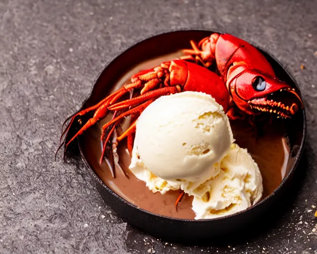 Image similar to dslr food photograph of vanilla ice cream with crawfish, some chocolate sauce, 8 5 mm f 1. 4