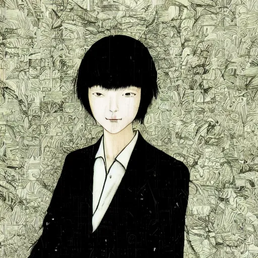 Image similar to yoshitaka amano blurred and dreamy realistic illustration of a young japanese woman with black eyes, wavy white hair fluttering in the wind wearing dress suit with tie, junji ito abstract patterns in the background, satoshi kon anime, noisy film grain effect, highly detailed, renaissance oil painting, weird portrait angle, blurred lost edges, three quarter view