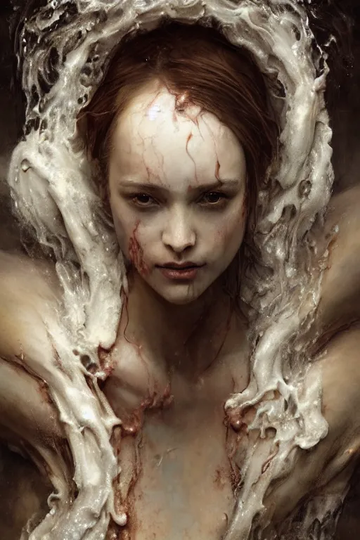 Prompt: breathtaking detailed soft painting of a demon with white water splash, whip cream and milk flowing everywhere, frosting on head and shoulders, bones stained glass, rembrandt style, elegant, highly detailed, artstation, concept art, matte, sharp focus, art by casimir art, tom bagshaw, kelogsloops and greg rutkowski
