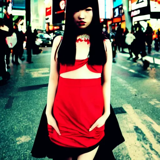 Prompt: of asian goth in shinjuku, dark dress, cyberpunk, fashion, blomech, red and turquoise lights