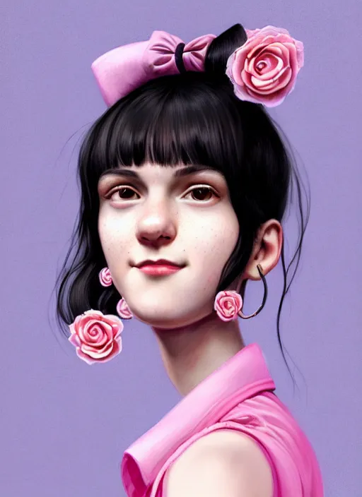 Image similar to portrait of high school girl, realistic, black hair, bangs, half updo hairstyle, pointy nose, skinny, smile, ugly, defined jawline, big chin, pink hair bow, earrings, intricate, elegant, glowing lights, highly detailed, digital painting, artstation, sharp focus, illustration, art by wlop, mars ravelo and greg rutkowski