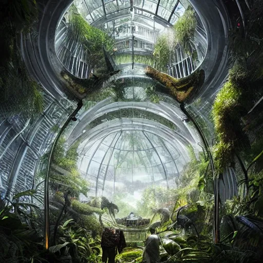 Prompt: epic, ultra detailed, hyper - real alien jungle by greg rutkowski inside a giant fractal dome by zaha hadid