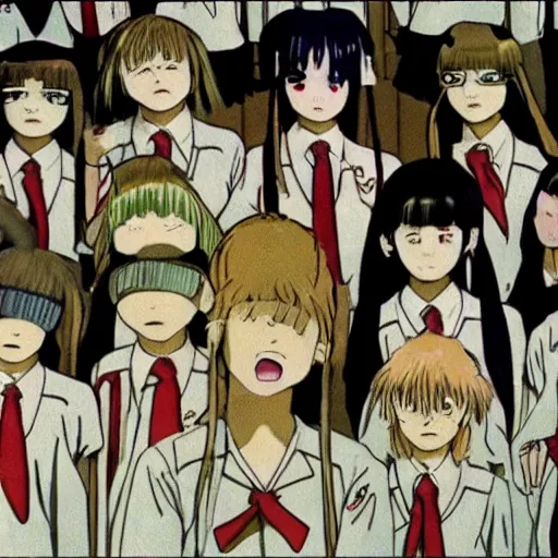 Image similar to screenshot from guro anime, 8 0's horror anime, yellowed grainy vhs footage with noise, schoolgirls trapped in a bathroom, girls are in beige sailor school uniforms, one girl has white hair, detailed expressive faces, various hair colors and styles, various ages, in the style of studio ghibli,