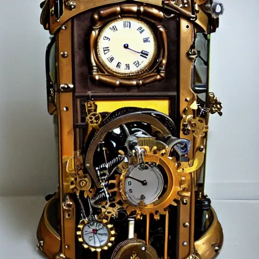 Prompt: dream a steampunk time machine in the midage