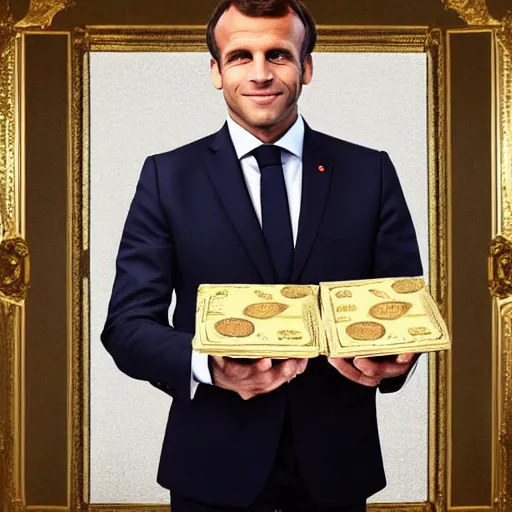 Prompt: portrait of a Macron made only with 💰