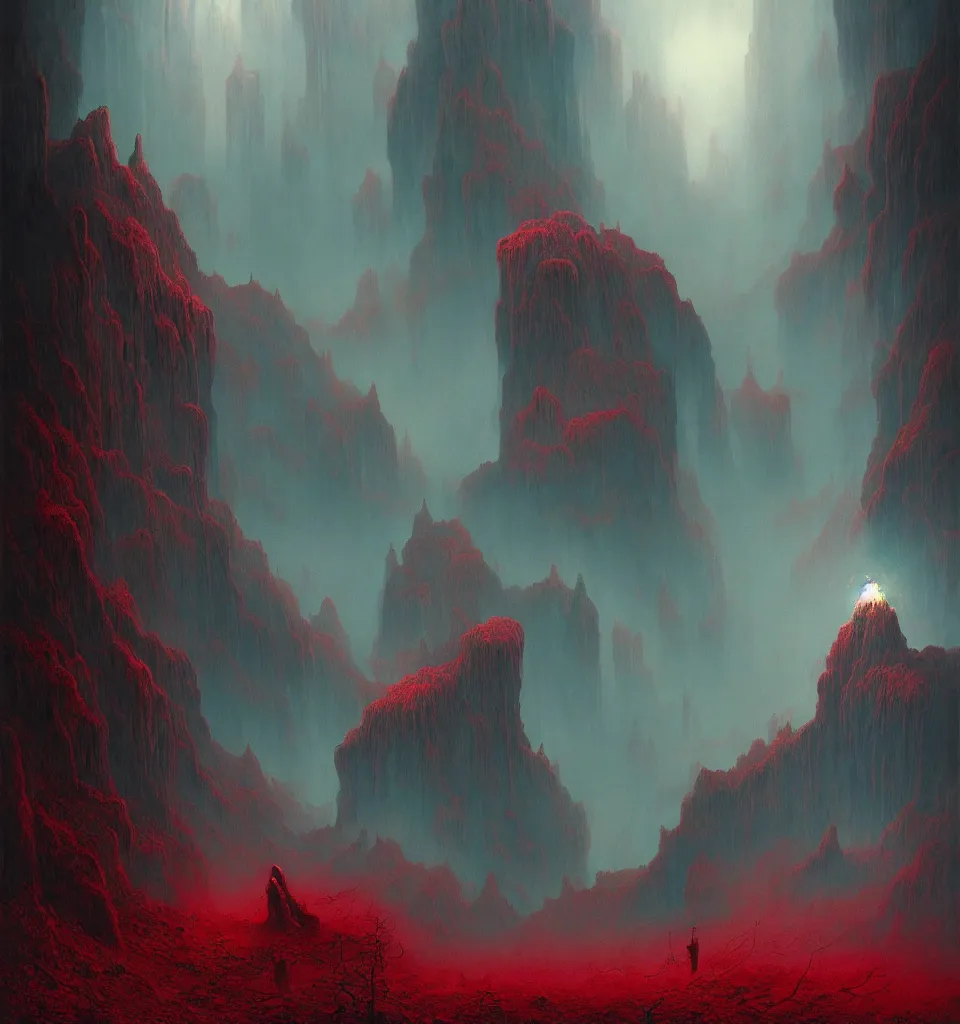 Prompt: magical matte forest exploding over the mountains, chiaroscuro, red fabric, metalic parts, transparent smoke from hell, notan sun in the background, abstract, surreal art, painted by beksinski and android jones