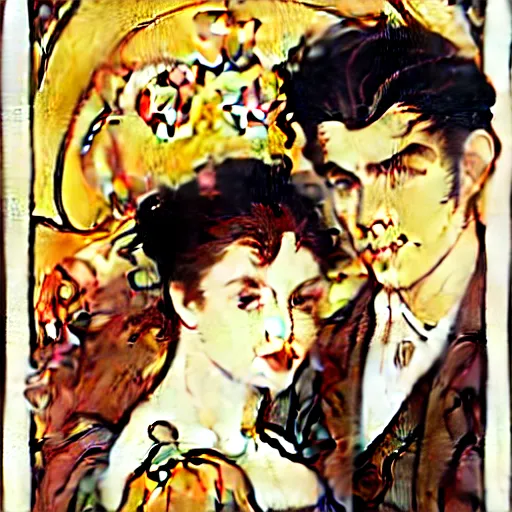 Prompt: painting of handsome young beautiful jeff and gorgeous rina together at the jack o'lantern halloween party, elegant, clear, painting, stylized, art, art by alphonse mucha, vincent van gogh, egon schiele,