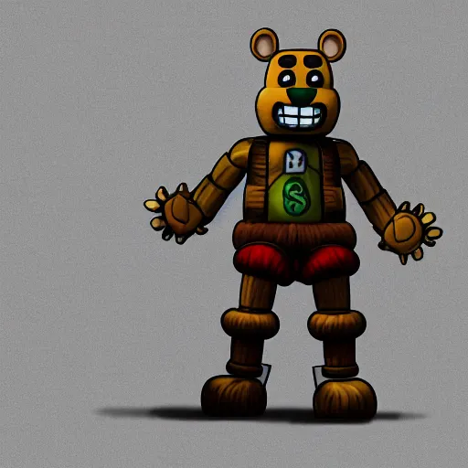 Image similar to /generate a photo of springtrap Freddy Fazbear by Simon Stalenhag, studio photography, dark grey background, softly backlit, gentle smoke effect.