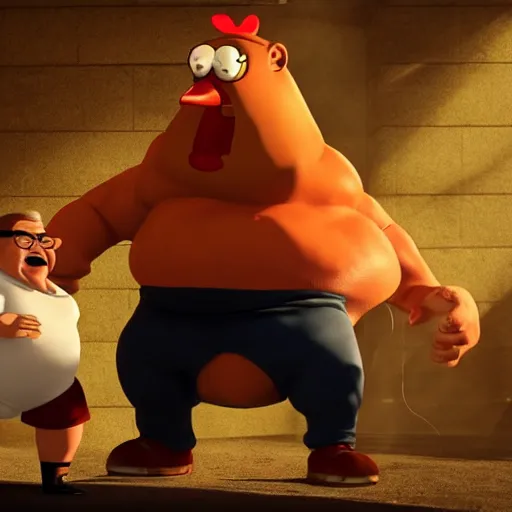 Image similar to real life Peter Griffin in a fist fight with giant chicken man, photorealistic, cinematic lighting, action movie, still frame from an action movie, highly detailed