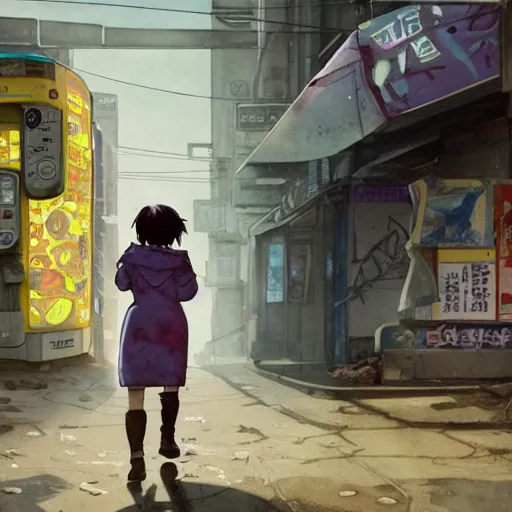 Image similar to incredible wide screenshot, ultrawide, simple watercolor, rough paper texture, ghost in the shell movie scene, backlit distant shot of girl in a parka running from a giant robot invasion side view, yellow parasol in deserted dusty shinjuku junk town, broken vending machines, bold graphic graffiti, old pawn shop, bright sun bleached ground, mud, fog, dust, windy, scary robot monster lurks in the background, ghost mask, teeth, animatronic, black smoke, pale beige sky, junk tv, texture, brown mud, dust, tangled overhead wires, telephone pole, dusty, dry, pencil marks, genius party,shinjuku, koji morimoto, katsuya terada, masamune shirow, tatsuyuki tanaka hd, 4k, remaster, dynamic camera angle, deep 3 point perspective, fish eye, dynamic scene