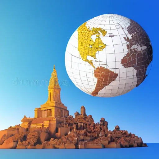 Prompt: a vector globe illustration with famous 3 d touristic landmarks on it, 3 d render, 3 d model, smooth, ray tracing, illustration