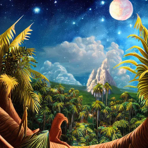 Image similar to a ultradetailed beautiful painting of amazonas by aulo maiskiankski, major arcana mason sparkles sky, and dougherty patrick, trending on artstation, mediterranean, palm trees, light sparkles, major arcana sky, sharp focus, soft light