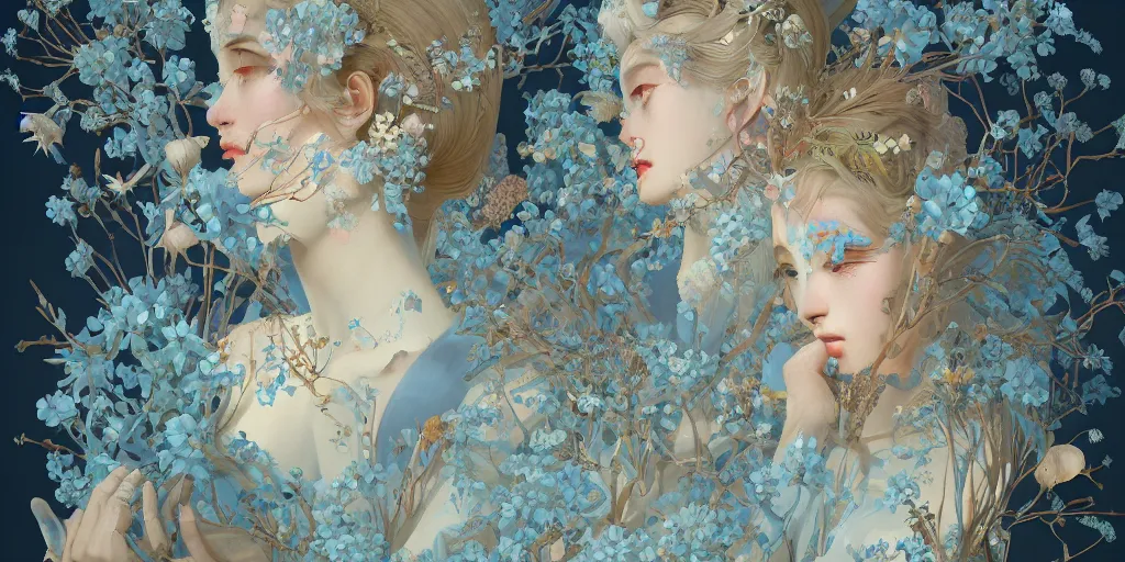 Image similar to breathtaking detailed concept art painting art deco pattern of blonde faces goddesses amalmation light - blue flowers with anxious piercing eyes and blend of flowers and birds, by hsiao - ron cheng and john james audubon, bizarre compositions, exquisite detail, extremely moody lighting, 8 k