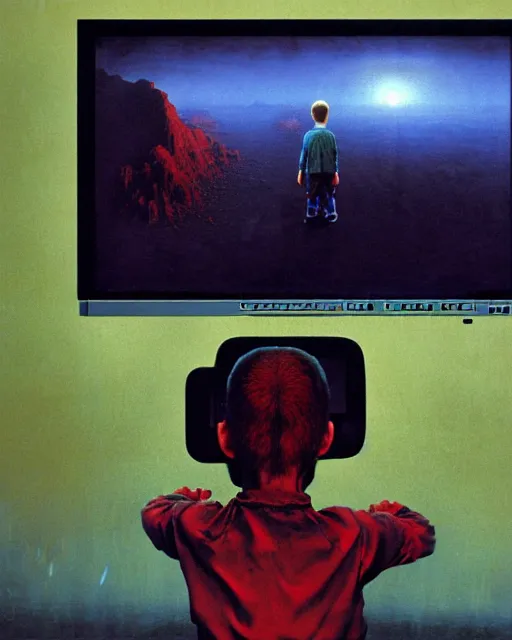 Image similar to 8k professional photo of an 8 years old boy standing in front of a computer from 90s with a game doom2 at the monitor screen, Beksinski impasto painting, part by Adrian Ghenie and Gerhard Richter. art by Takato Yamamoto, masterpiece