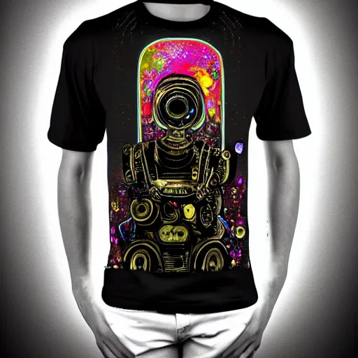 Image similar to mockup of a black tshirt with a hyperdetailed portrait of a spaced out steam punk robot, 8 k, symetrical, flourescent colors, multicolored,