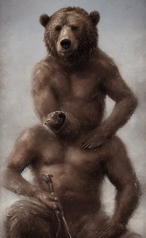 Image similar to Portrait of a rugged bear sitting down, male, muscular, detailed face, bare thighs!!!, simple clothing!!!!!, fantasy, medieval, highly detailed, cinematic lighting, digital art painting by greg rutkowski