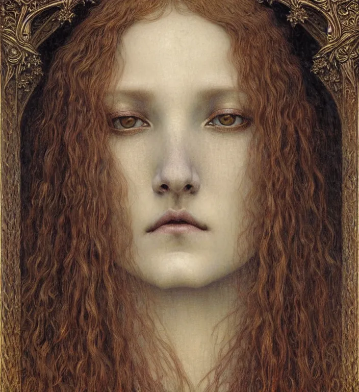 Image similar to detailed realistic beautiful young medieval queen face portrait by jean delville, gustave dore and marco mazzoni, art nouveau, symbolist, visionary, gothic, pre - raphaelite. horizontal symmetry