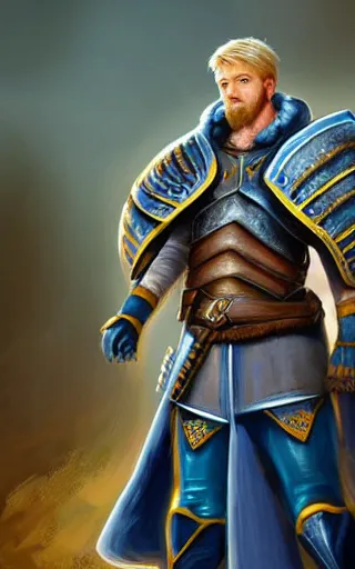 Prompt: highly detailed concept art of a rugged young knight with blonde hair and blue eyes and a short beard wearing a blue shirt and a yellow cape and leather boots holding a shield and a warpick, by Piotr Dura, concept art, realistic, masterpiece, ArtStation