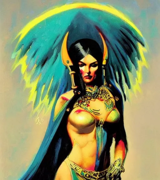 Image similar to portrait of junoesque iranian female chaos angel, beautiful! coherent! by frank frazetta, by brom, strong line, vivid neon color, shining metal power armor, iron helm, high contrast, maximalist