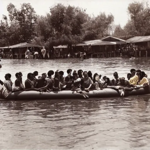 Image similar to a group of refugees on a raft, water ride amusement park, war photography