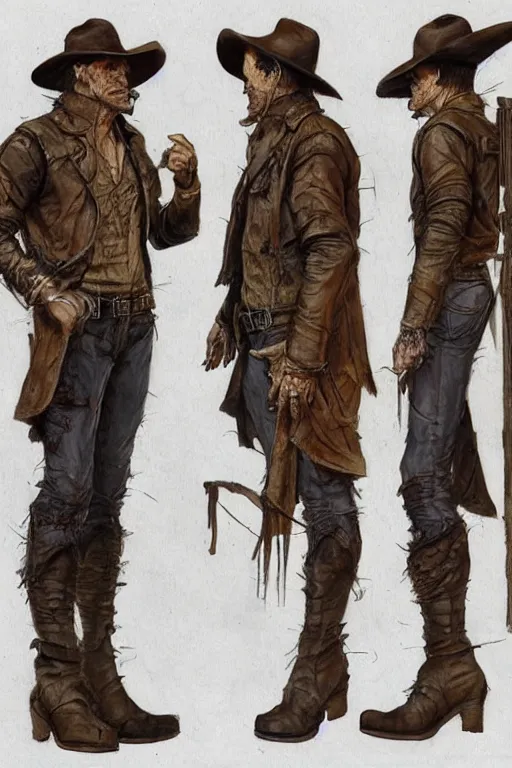 Image similar to character design, reference sheet, 40's adventurer, stained dirty clothing, straw hat, heavy boots, leather bomber jacket, realistic, hyperdetailed, concept art, , art by Frank Frazetta