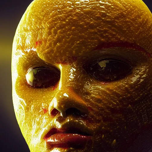 Prompt: man's head made out of lemon skin, head is exploding into a swirl of jam, jam swirl explosion : ornate, dynamic, particulate, intricate, elegant, highly detailed, centered, artstation, smooth, sharp focus, octane render