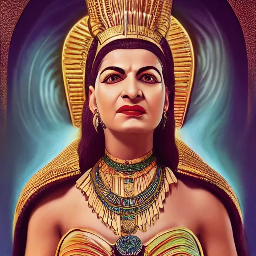 Image similar to a detailed fantasy character portrait of om kalthoum as egyptian goddess of music by lauri blank, artgerm, evelyn de morgan, 8K, 50mm lens