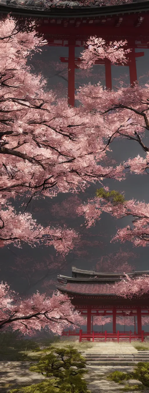 Image similar to a Japanese Shinto Temple in the midst of a stunning Sakura Garden, in the style of Sekiro Shadows Die Twice, artful, rendered in CryEngine, Japanese aesthetic