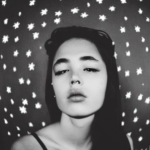 Prompt: beautiful young woman with micron pen ink face tattoos stares at the camera, night sky, stars in background, bruce gilden, leica s, fuji 8 0 0, grainy, low light