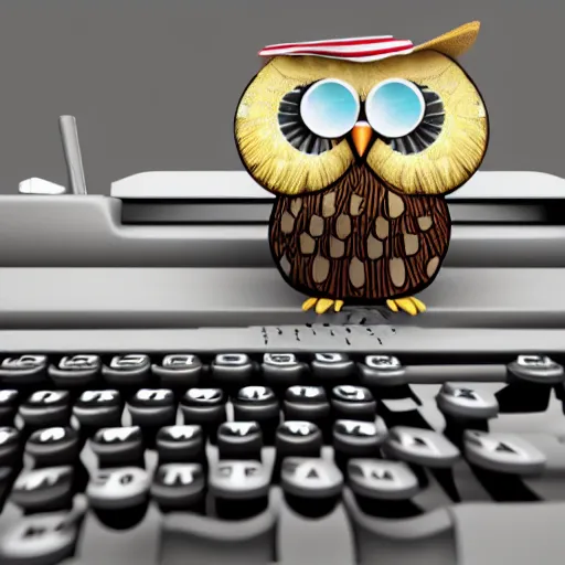 Prompt: owl wearing a party hat at a typewriter, 4k, 3d render